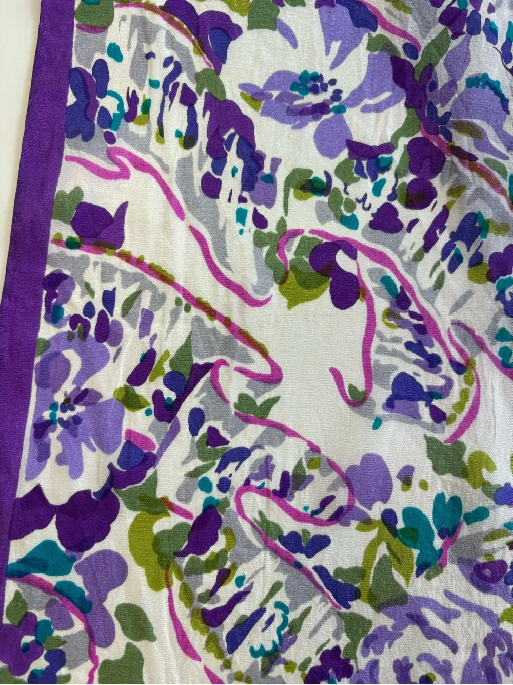 Vintage 1970s Bill Blass Silk Rectangular Scarf Purple Floral Classic Boho